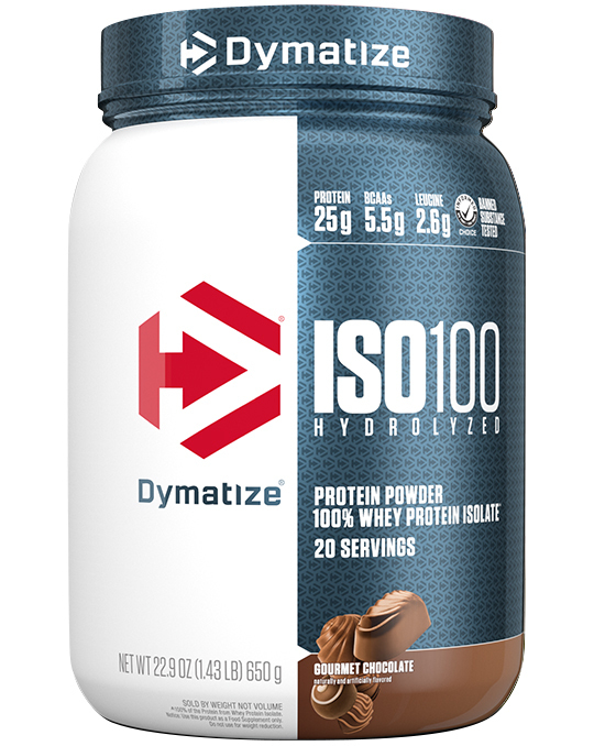 Dymatize ISO100 Hydrolyzed Whey Protein Chocolate Peanut Butter container