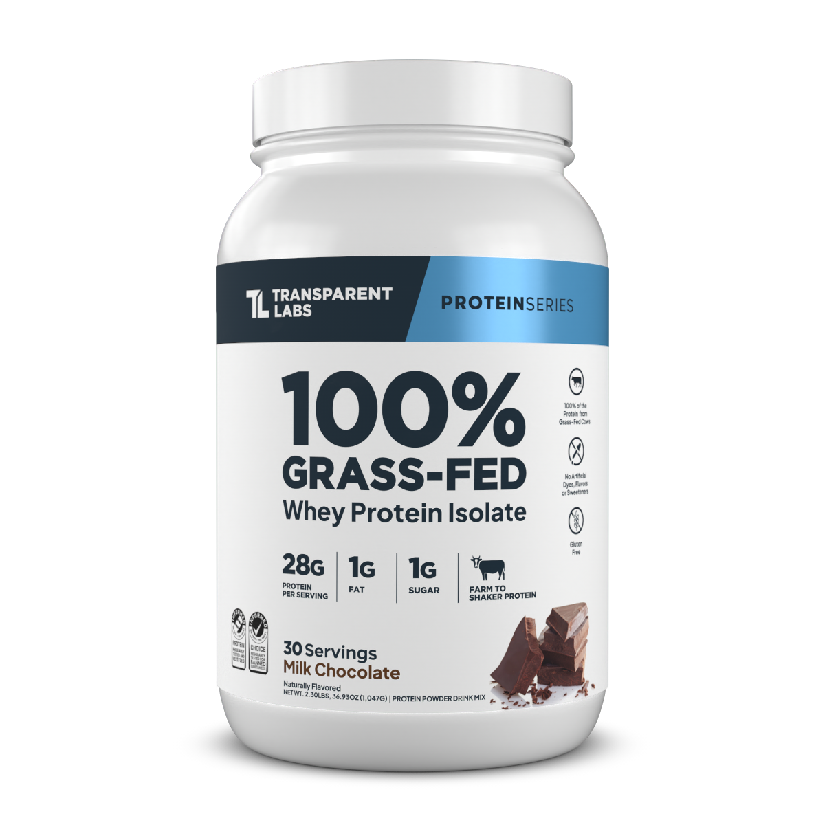 Transparent Labs 100% Grass-Fed Whey Protein Isolate chocolate flavor container